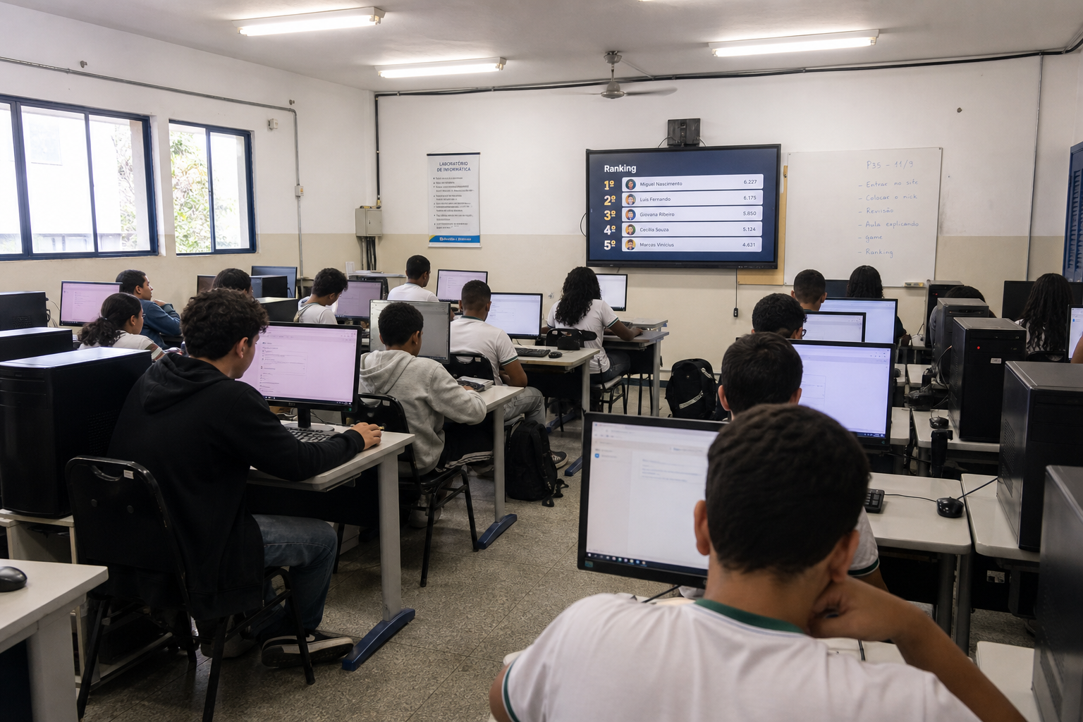 Turma em laboratório de informática durante a aula, com computadores e tela à frente.